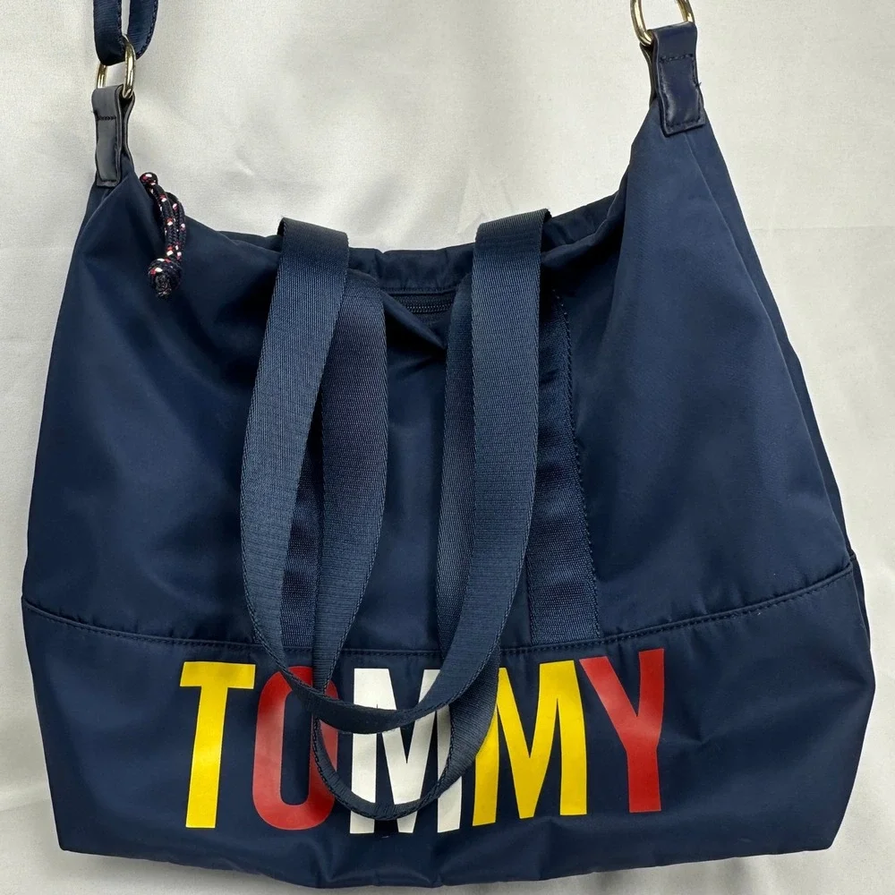 Tommy‎ Hilfiger Nylon Crossbody Tote Bag Navy Blue Large Logo Shoulder Handbag